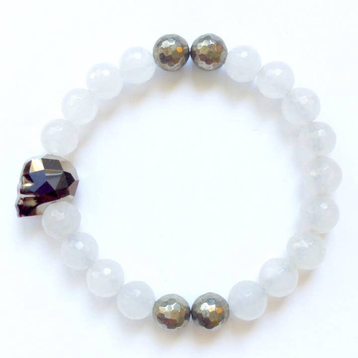 Swarovski Crystal Skull With Faceted White Agate & Pyrite Stretch Bracelet por atacado de Solid Design Studios