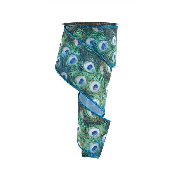 General Wholesale Inc - Wholesale Ribbon - Gift Wrapping - 2.5"X10YD LUXURY DELUXE PEACOCK FEATHERS - GREEN/BLUE/TEAL - LS1034