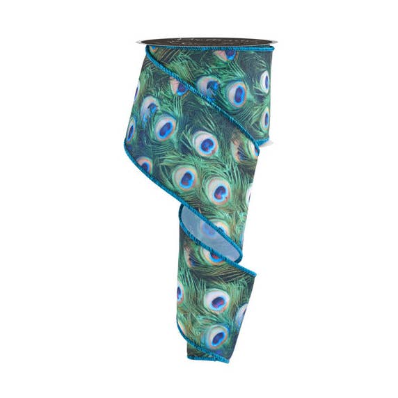 General Wholesale Inc - Wholesale Ribbon - Gift Wrapping - 2.5"X10YD LUXURY DELUXE PEACOCK FEATHERS - GREEN/BLUE/TEAL - LS10340
