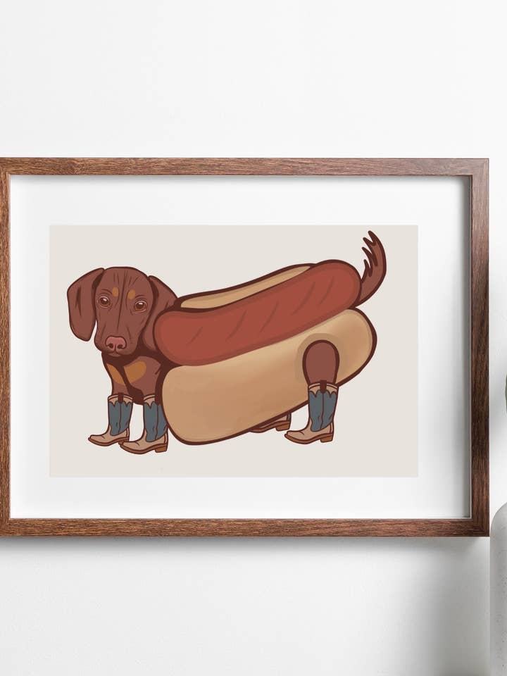 Western Daschund with Cowboy Boots Dog Lover Art Print for wholesale by ThinkofMeFrondly