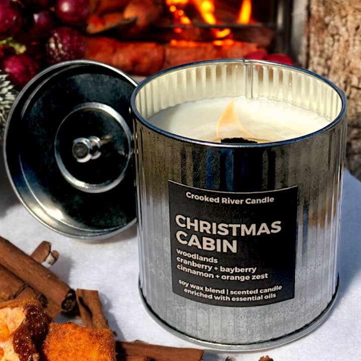 Crooked River Candle - Wholesale Jar/Filled Candle - Christmas Cabin-Holiday Candle-Rustic Tin with Lid-Wood Wick0