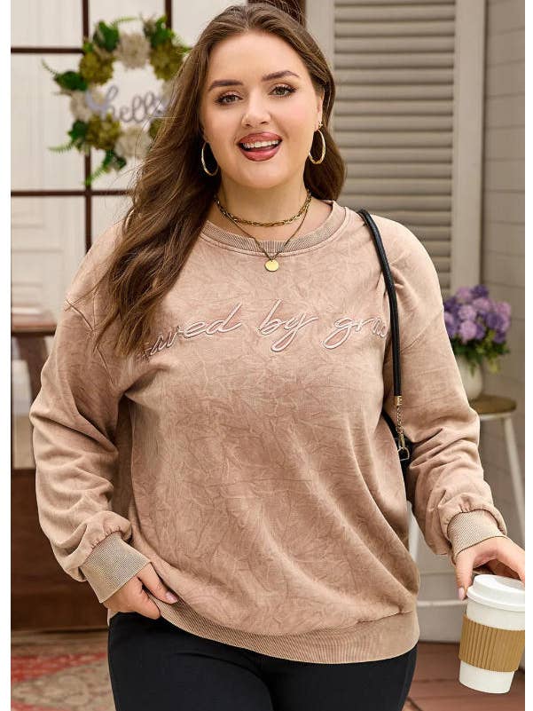 DUNE saved by grace Embroidered Mineral Wash Plus Size Sweatshirt for wholesale by Sweet Lover Fashion