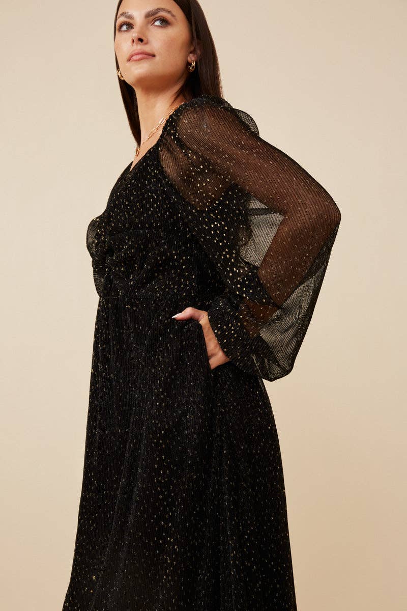 Black Womens Gold Foiled Crinkle Textured Twist Detail Dress for wholesale on Faire3