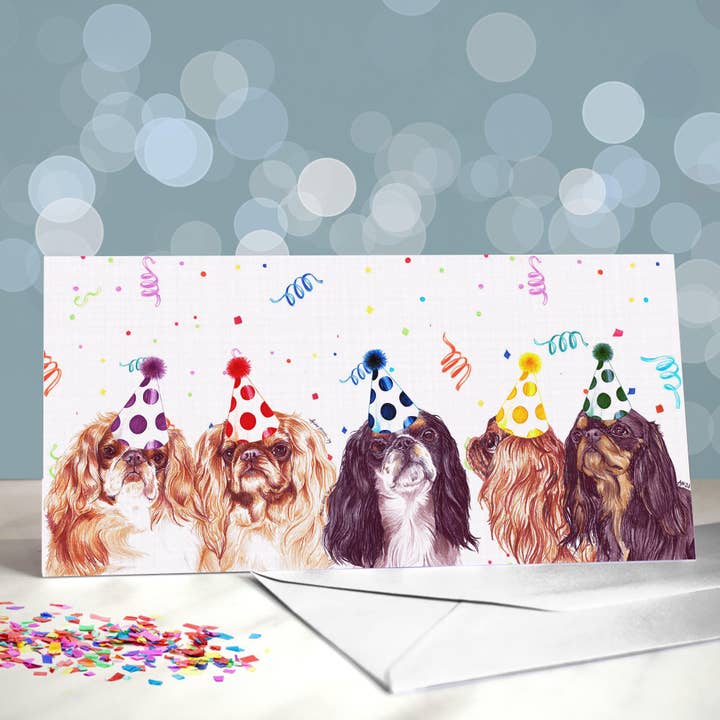 King Charles Spaniel/engelsk legetøjshund fødselsdagskort for engroshandel hos Amber Marie Studio