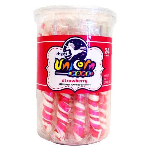 Long Island Candy Factory - Wholesale Lollipop - Mini Unicorn Pops Spiral Twist Hot Pink Strawberry Lollipop 24 ct 6.5"