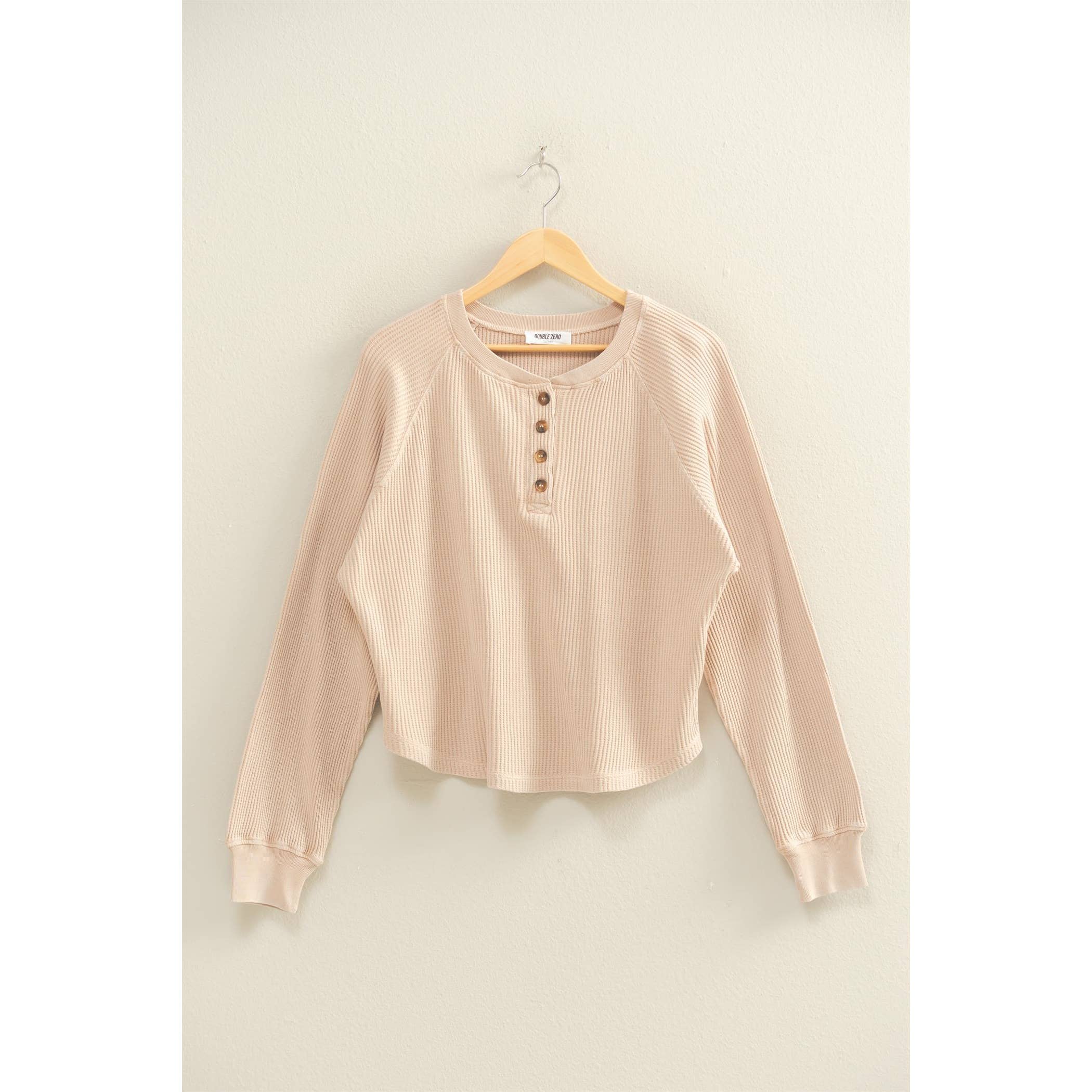 Double Zero - Wholesale Sweatshirt - Women's - Mineral Washed Henley Waffle Raglan Sleeve Top8