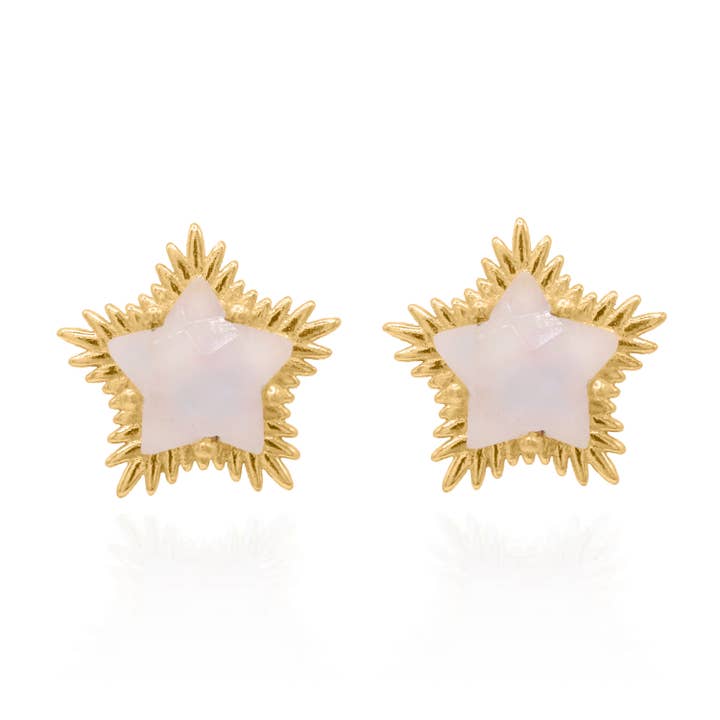 Clous d'oreilles Felicity Moonstone Spiky Star | Plaqué or 18 carats pour la vente par LUNA CHARLES EMRA LTD