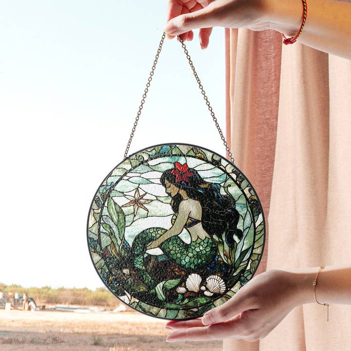 Stained Glass Mermaid with Seashells and Starfish Suncatcher for wholesale by TMLECOM LTD