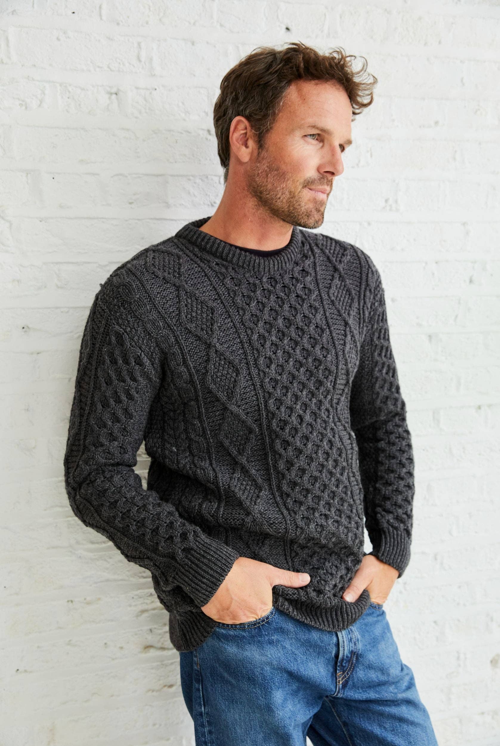 Aran Woollen Mills - Vendita all'ingrosso Maglione tricot - Uomo - Maglione tradizionale Aran Supersoft da uomo Éireann - Grigio2