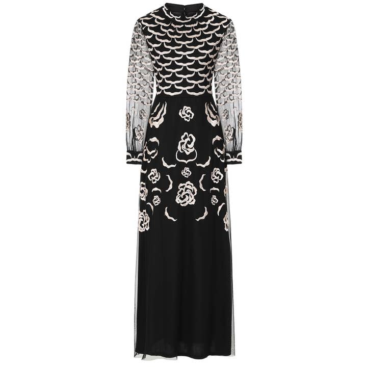 Robe longue noire brodée Loretta pour la vente par Frock & Frill