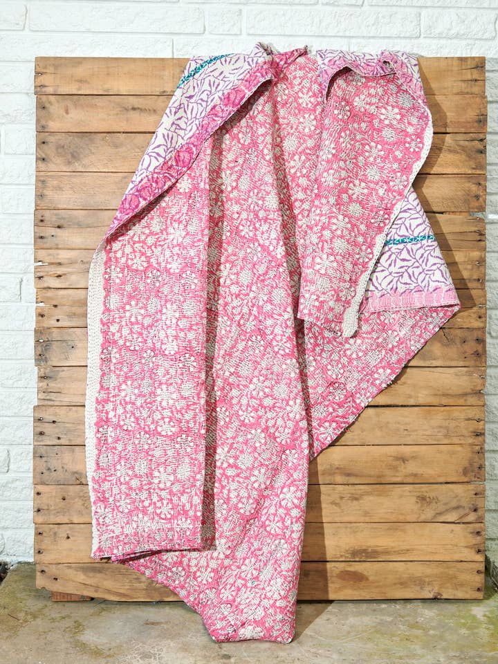 Vintage Embroidered Block Print Kantha Throw K32D25 for wholesale by Tribe Bohemian Home