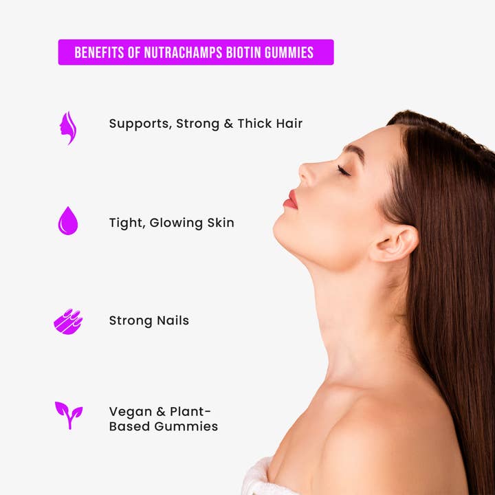 NutraChamps – wholesale Oralt tillskott/Vitamin – Biotin Gummies – stöd för hår, hud och naglar5
