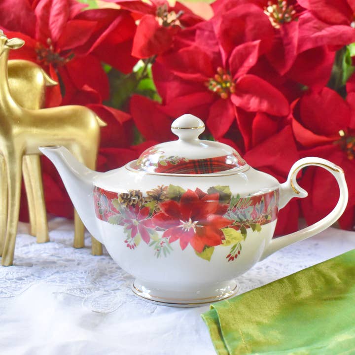 Teapot Red Poinsettia Flowers with Plaid Ribbon for wholesale by All Little Cute Things