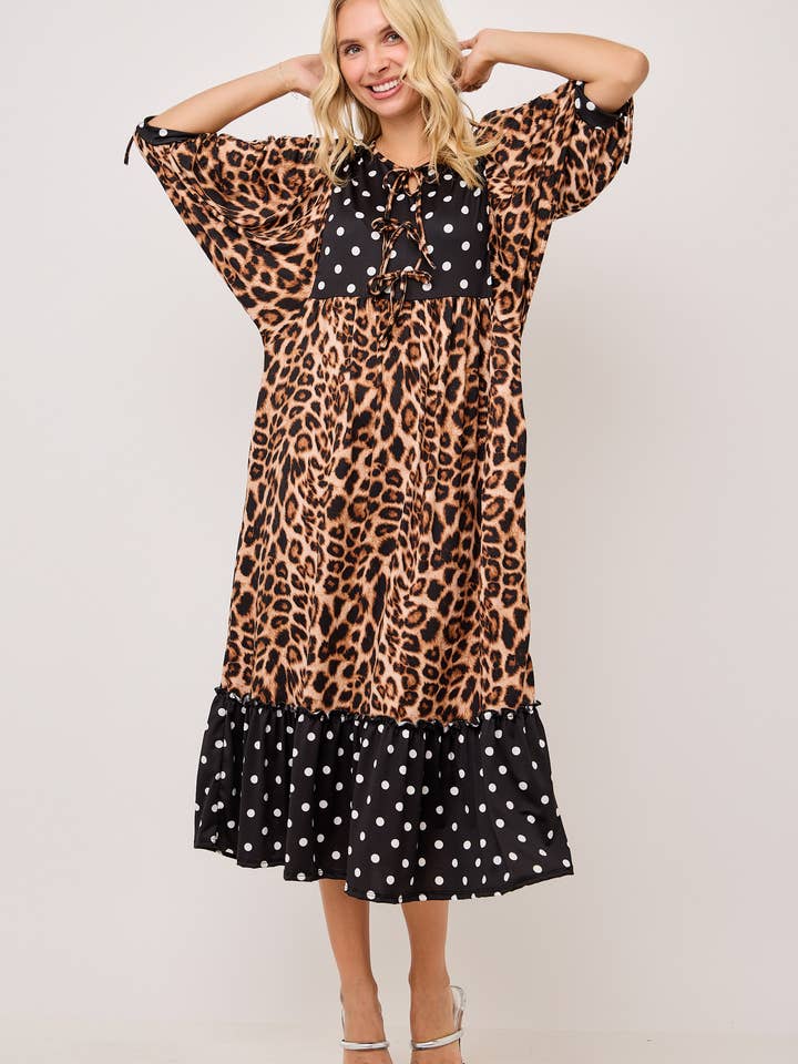 Celeste Clothing - Wholesale Dress - Women's - WOMEN'S MODEST LEOPARD & POLKA DOT MIDI DRESS WITH POCKETS10
