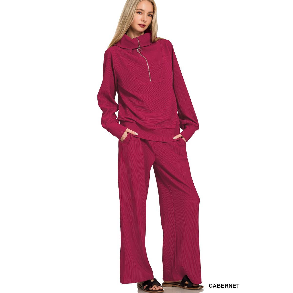 HiteJeans - Wholesale Lounge Set - Women's - Ribbed high neck half zip pullover pants set14