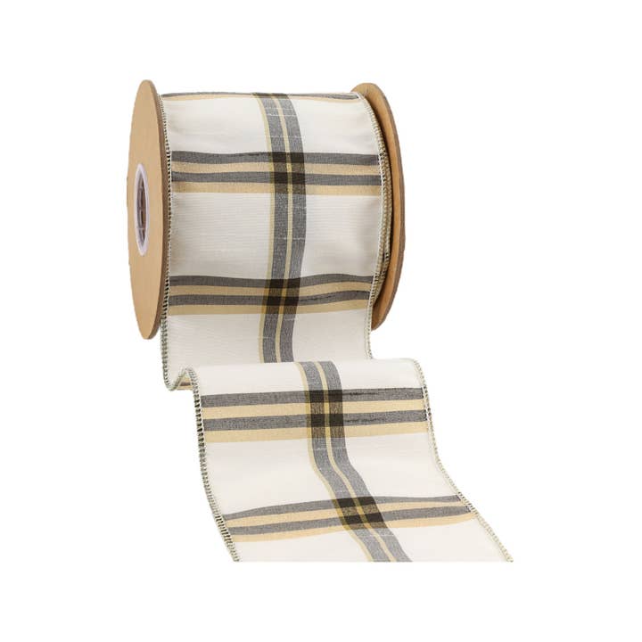 LA Ribbons Wholesale - Wholesale Ribbon - Gift Wrapping - 4" Wired Ribbon | Ivory/Black/Gold Plaid | 10 Yard Roll