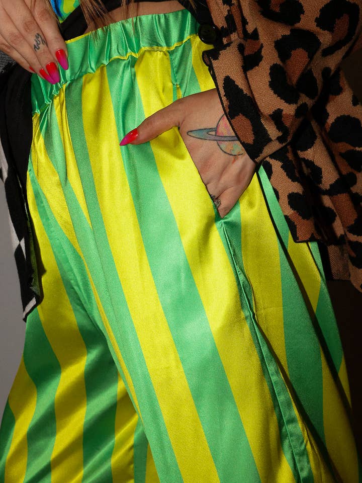 High Voltage Green Stripe Straight-Leg Pants for wholesale by Burnt Toast