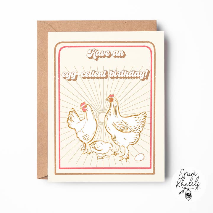 Egg-cellent Birthday Card – Whimsical Chicken Illustration for wholesale by Erum Khalili