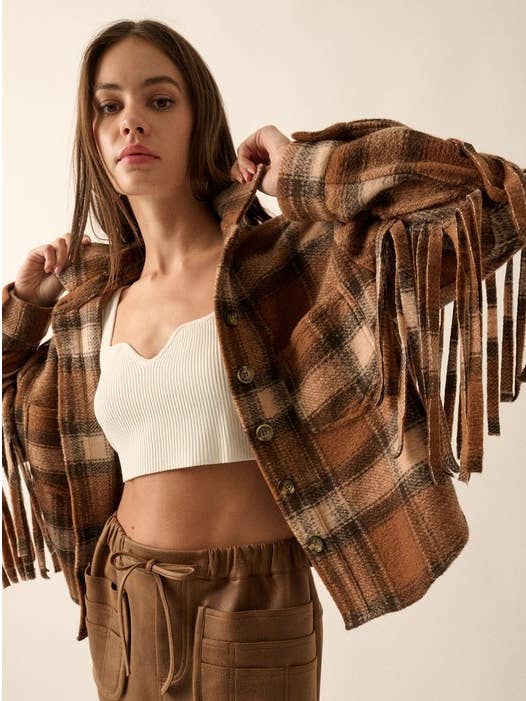 Manteau à franges avec poches de poitrine à carreaux sur le devant pour la vente par MintChoco