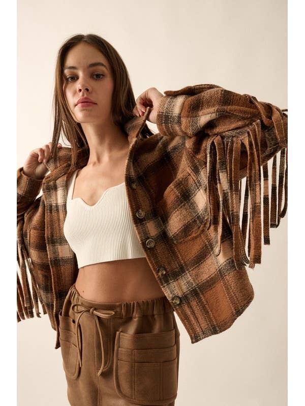 Geruite knoopsluiting aan de voorkant, borstzakken en franjes voor wholesale door MintChoco