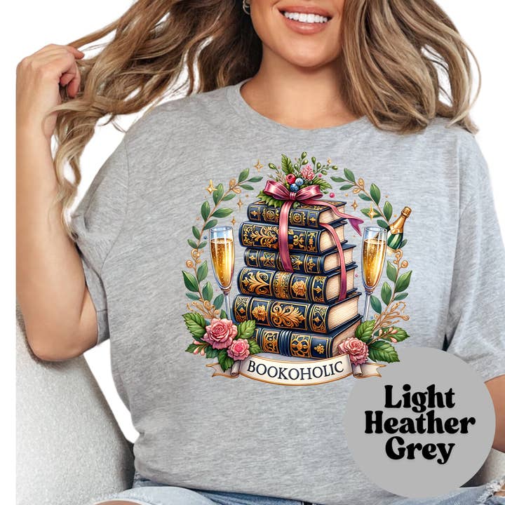 Purely Bookish - Wholesale T-shirt (graphic) – women's - Bookoholic Shirt – Luxury Book Lover Tee – Book Stack and Champagne Shirt – Book Club Graphic Tee – Reader Gift – Floral Bookish T-Shirt6