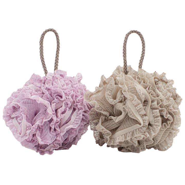 Luxury Lace Bath Pouf 2 pack Sand & Lavender for wholesale by MinxNY