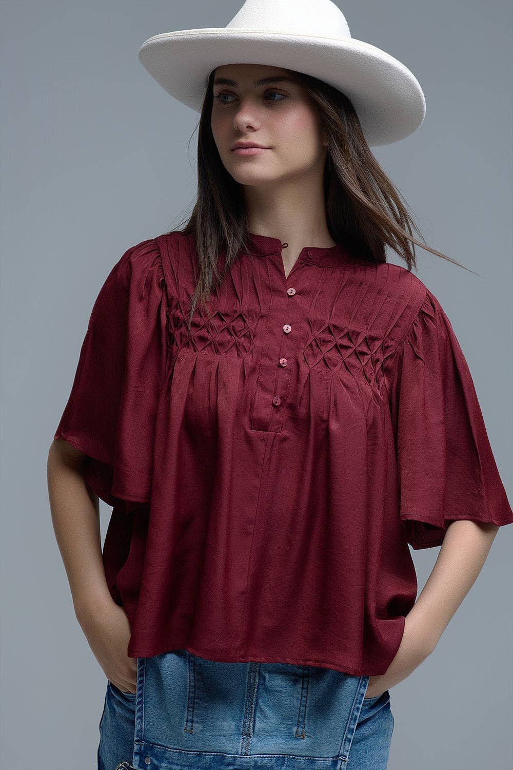 MAROON Relaxed wine-colored boho-style blouse with embroidered details for wholesale on Faire4