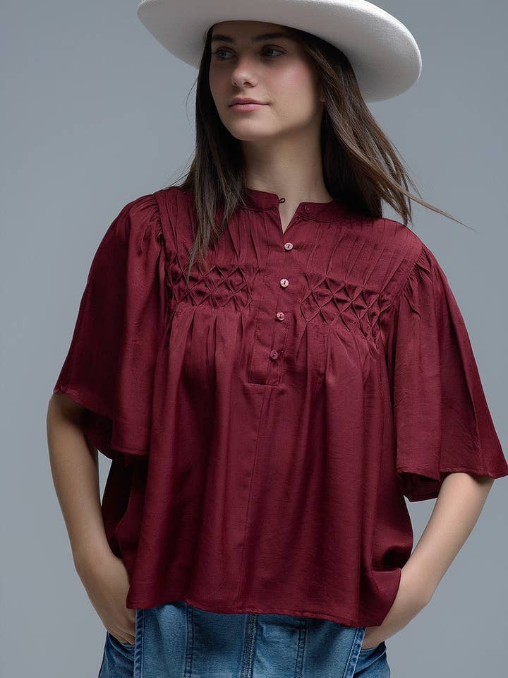 KASTANIENBRAUN Lässige Bluse im Boho-Stil in Weinrot mit Stickereien für den Großhandel auf Faire4