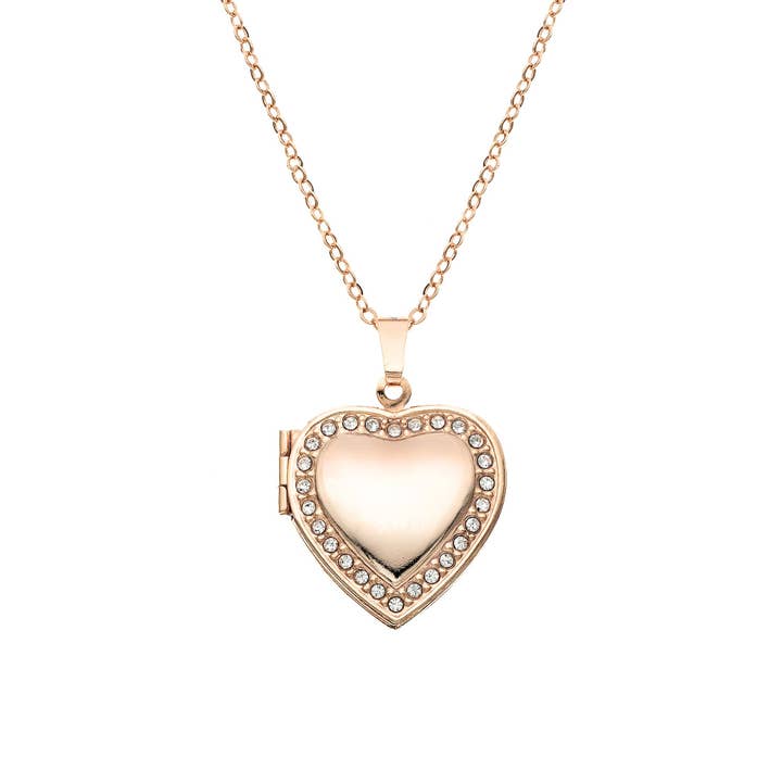Rose Gold Plated Heart Locket Pendant Accented with Crystals for wholesale by Luxe on Main LLC