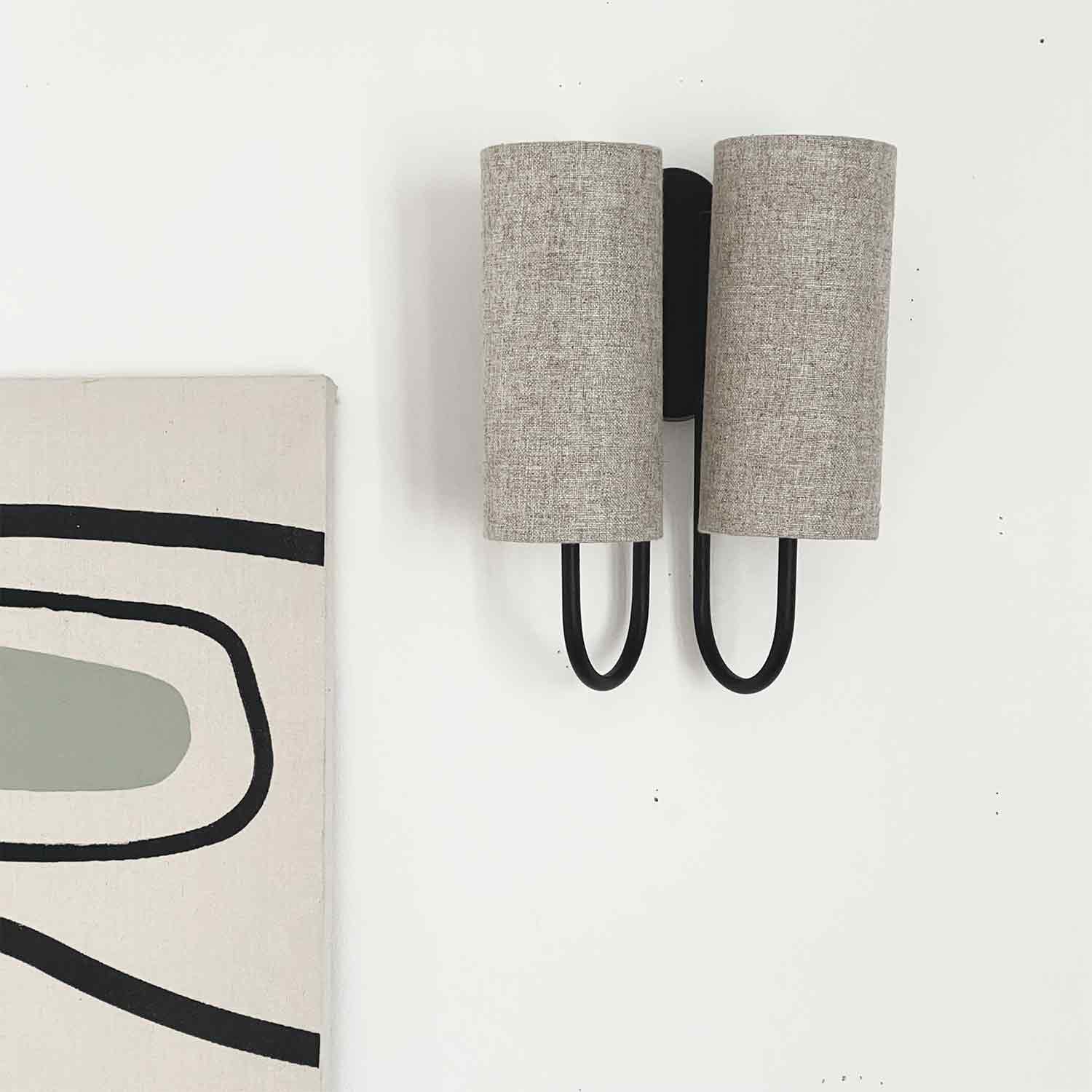 Pauline double wall lamp black natural linen L22 D15 H28cm for wholesale on Faire3