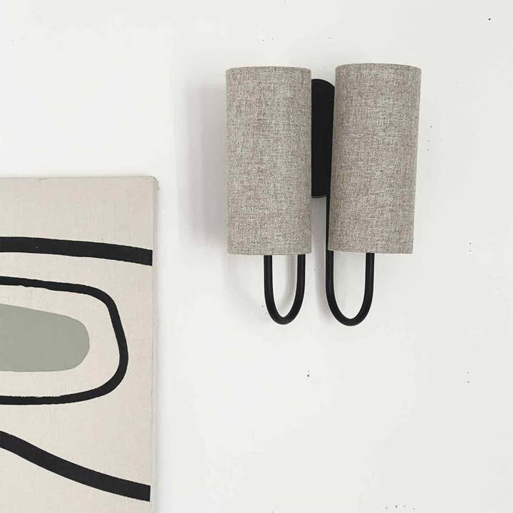 Pauline double wall lamp black natural linen L22 D15 H28cm for wholesale on Faire3