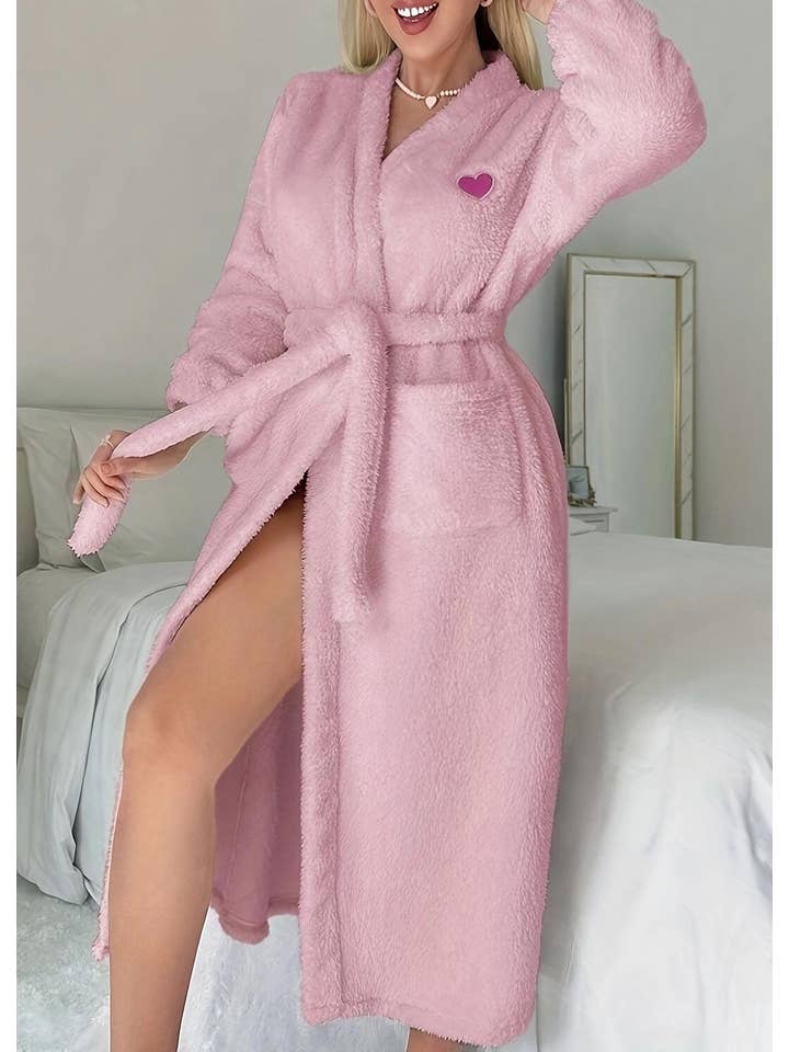 HIDDENBRAND - Wholesale Robe - Women's - Winter heart teddy fleece flannel bathrobe loungewear0