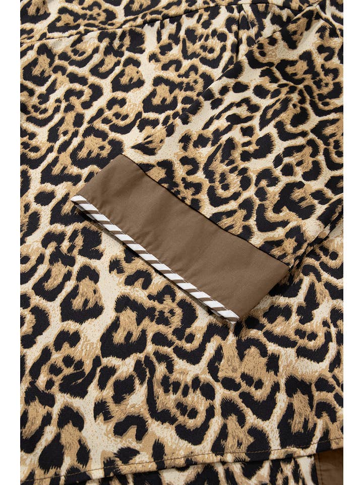 Brown Leopard Collared 3/4 Sleeve Shirt and Pants Set for wholesale on Faire3