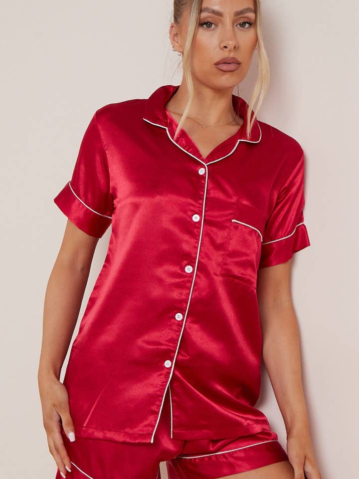 justyouroutfit – wholesale Sleepwear set – Women's – SHORT SLEEVES CONTRAST PIPING SATIN SHORTS PYJAMA SET11