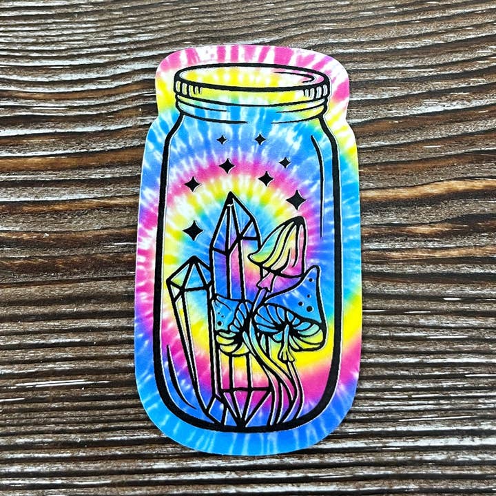 Tie Dye Mushrooms Crystal Jar Die Cut Sticker, Graphic Art Sticker, Vinyl, Can Make Custom for wholesale by Handmade by Marlayna