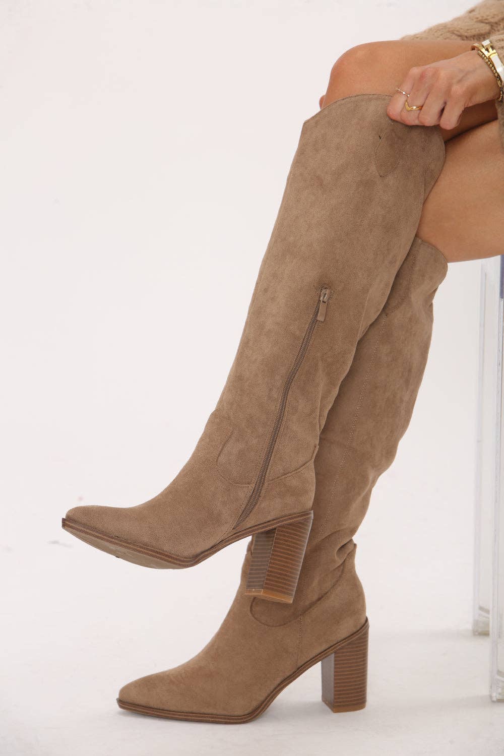 Knee High Camel Suede Cowboy Block Heel Boot for wholesale on Faire2