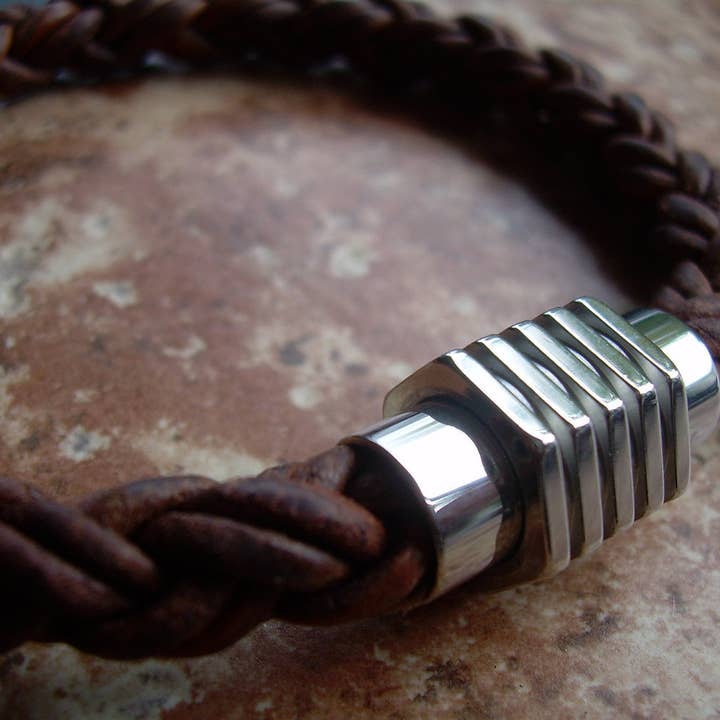 Urban Survival Gear USA - Wholesale Jewelry - Men's - Men's Bracelets Leather Mens Thick Braided Leather Bracelet with a Large Stainless Steel Magnetic Clasp Fathers Day Gift Mens Jewelry