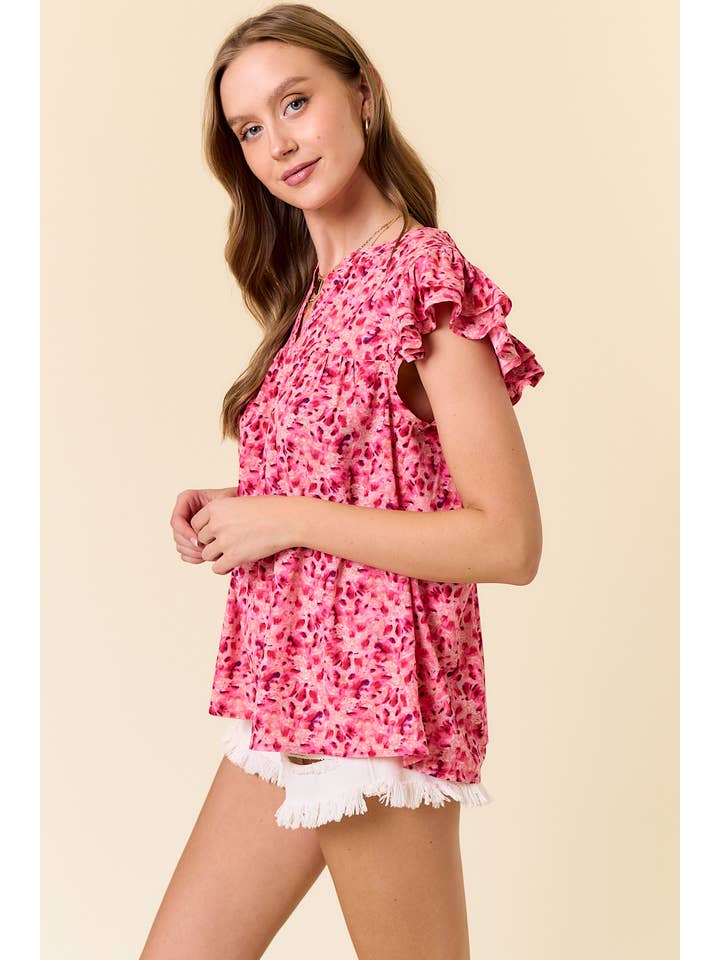 FUCHSIA FLORAL PRINT SPLIT V-NECK RUFFLED SLEEVE TOP - 43899T-1 for wholesale on Faire
