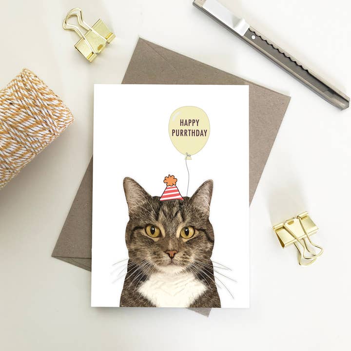 Happy Purrthday Tabby Cat with balloon Cards for wholesale by My Lovely Pets Design