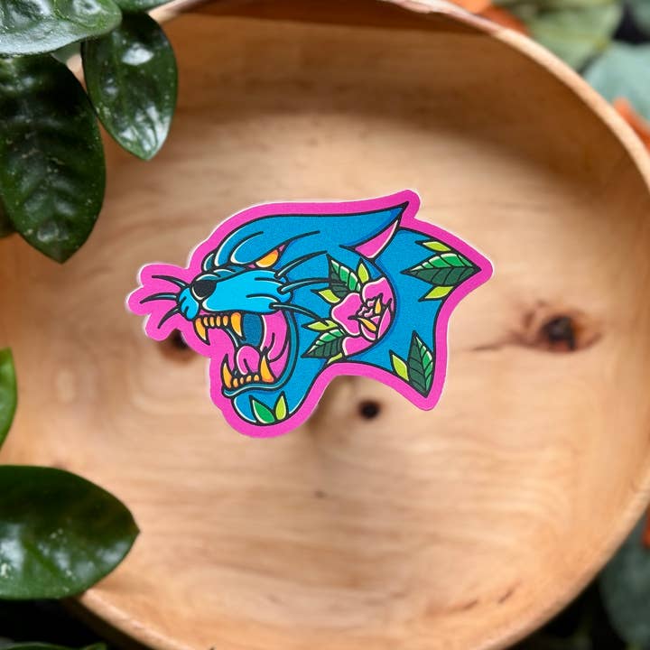Panther with Roses, Matte Vinyl Sticker for wholesale by Mourning Breath Shoppe