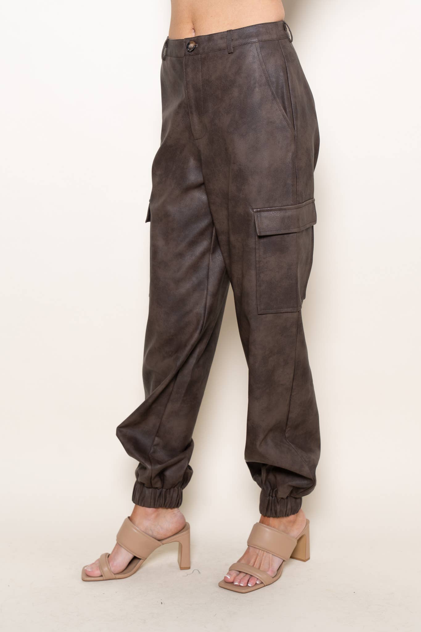 Brown PLEATHER CLASSY CUFFED CARGO JOGGERS-PI6888FO for wholesale on Faire6