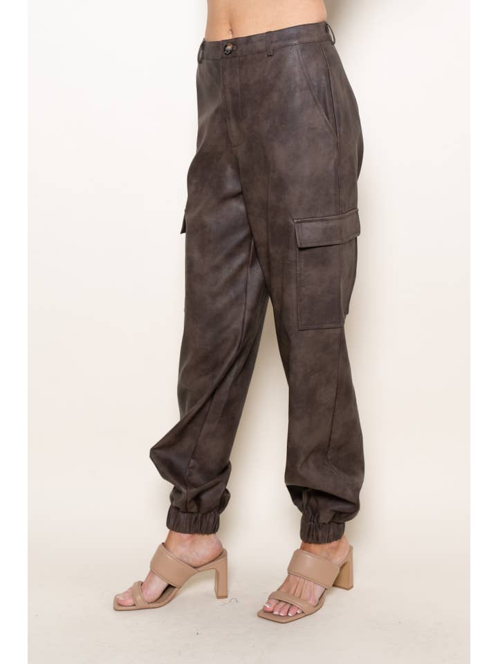 Brown PLEATHER CLASSY CUFFED CARGO JOGGERS-PI6888FO for wholesale on Faire6