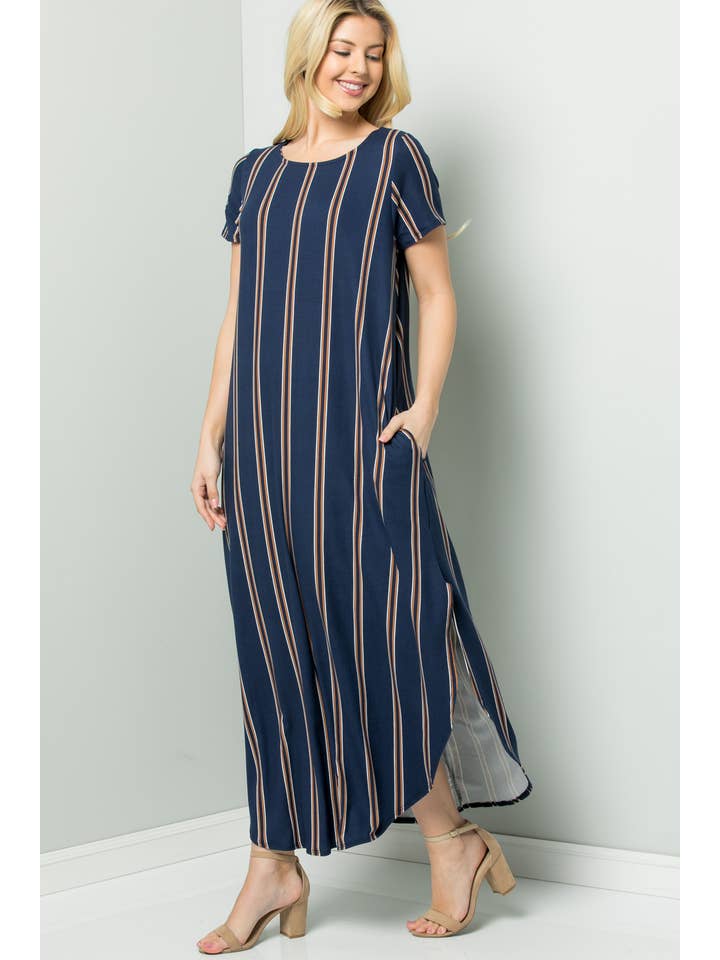 NAVY D02308 Striped Round Neck Maxi Dress with Side Pockets for wholesale on Faire4
