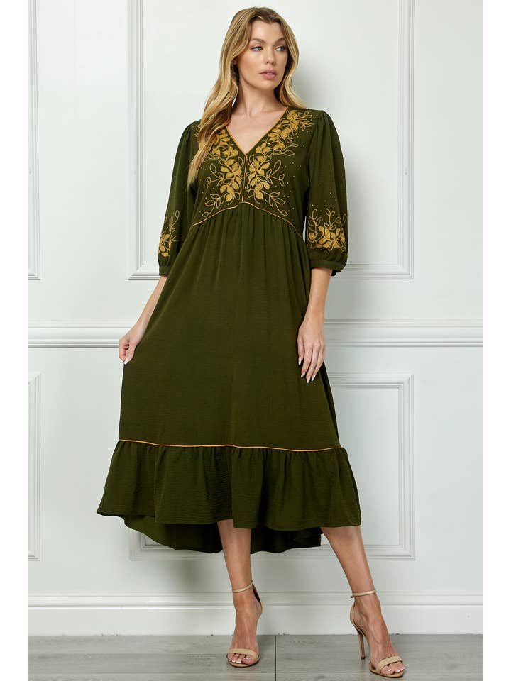 ARMY PIPED FRONT TIERED DRESS WITH EMBROIDERY for wholesale on Faire