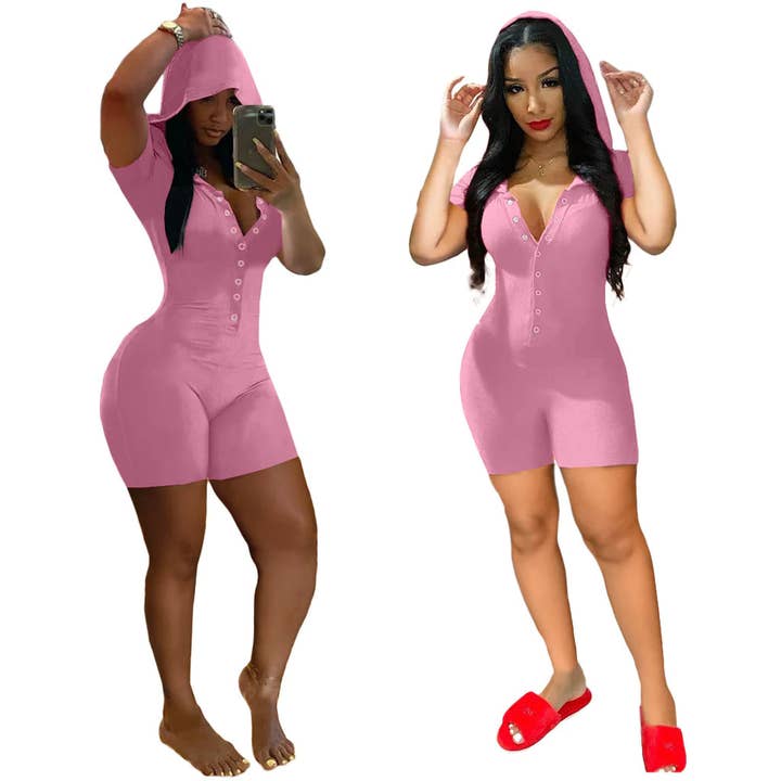 MB Fashion Wholesale - Wholesale Romper - Women's - MB FASHION Hooded Short Sleeve Button-Up Jumpsuit 5224T