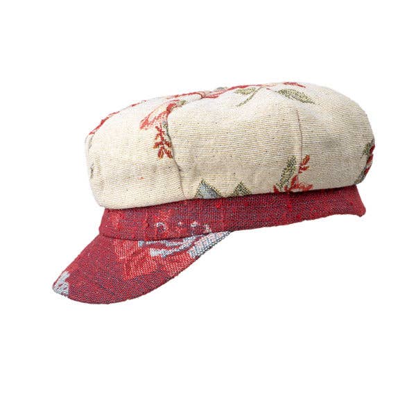 Proppa Toppa Hats - Vente Casquette gavroche – femme - Casquette Baker Boy en Brocart Floral Crème et Rouge pour Femme4