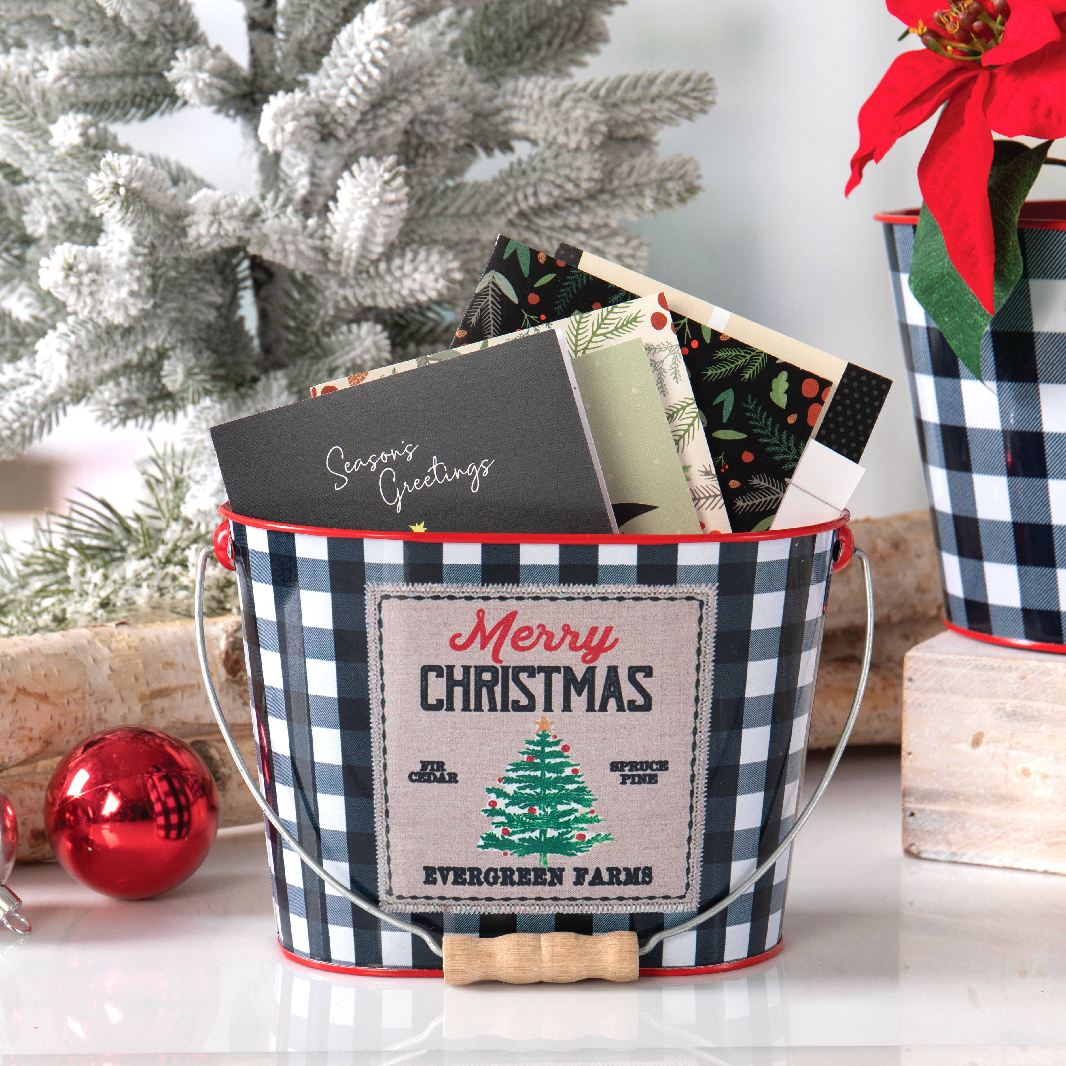 Willow Group - Wholesale Planter Box - Oval Tin Bucket Merry Christmas w/ White Buffalo Check4