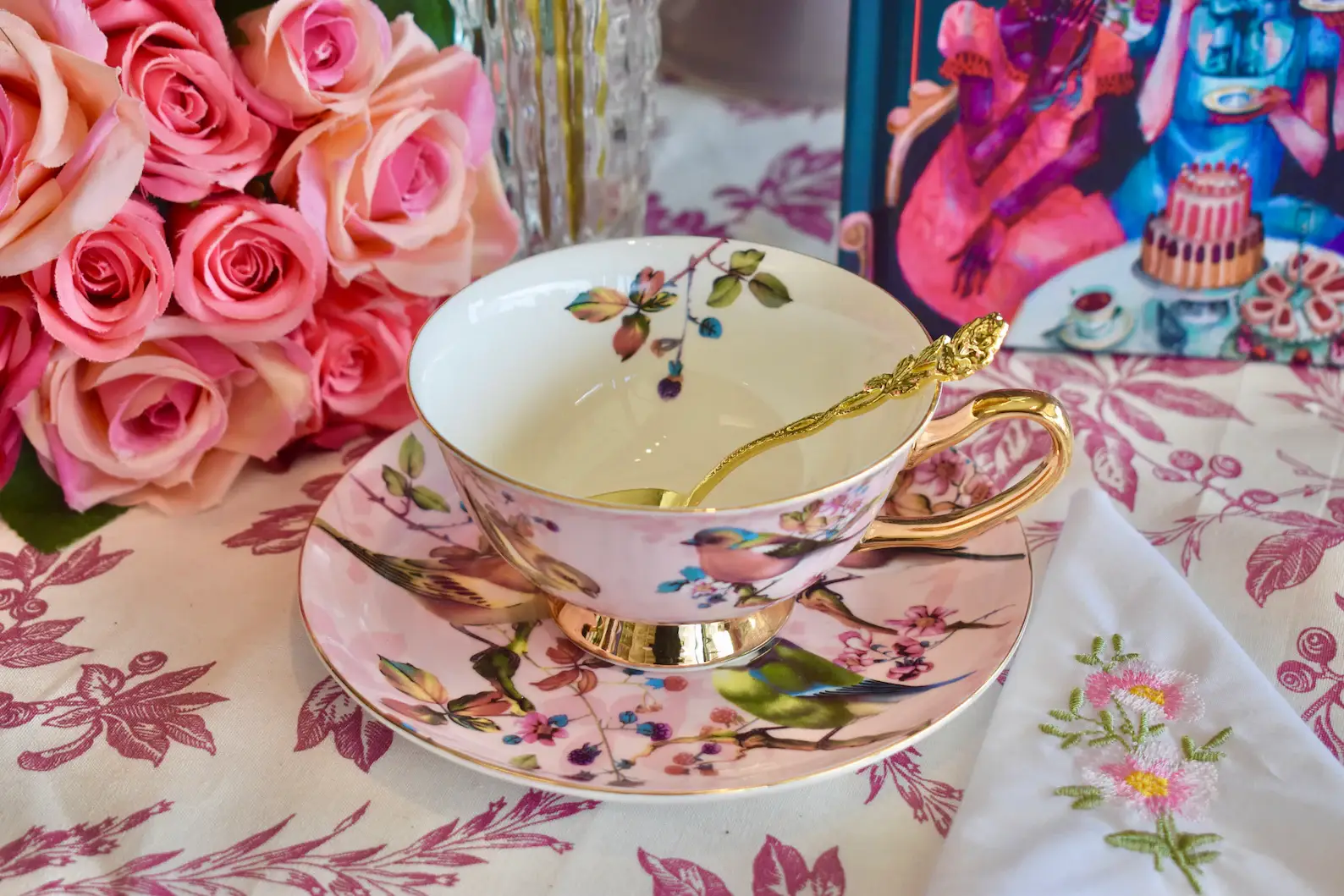 All Little Cute Things - Wholesale Tea Set - Blush Pink and Gold with Birds Teacup and Saucer3