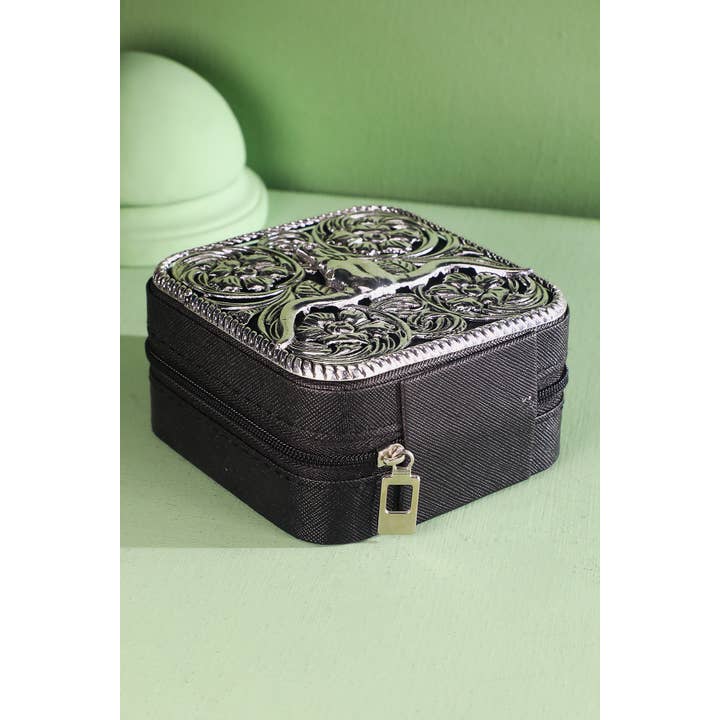 BLACK BLK Western Steer head Metal Plate Jewelry Box for wholesale on Faire3