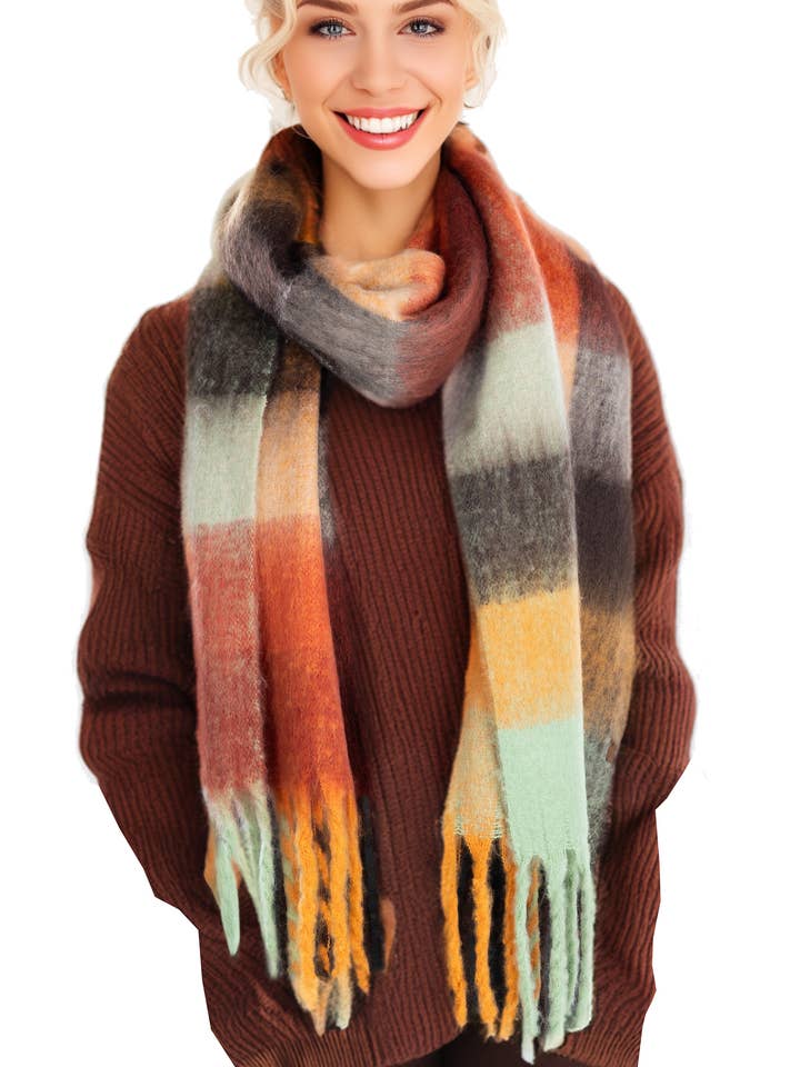Women's Oblong Fringe Scarf - Checkered - Orange for wholesale by Funky Junque